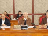Tổng Bí thư, Chủ tịch nước Nguyễn Phú Trọng chủ trì cuộc họp của Bộ Chính trị về công tác phòng chống dịch bệnh COVID-19. - Ảnh: TTXVN