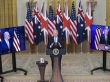 Lãnh đạo Mỹ, Anh, Australia tổ chức họp báo chung tuyên bố về liên minh mới "Aukus" hôm 15/9 (Ảnh: EPA)