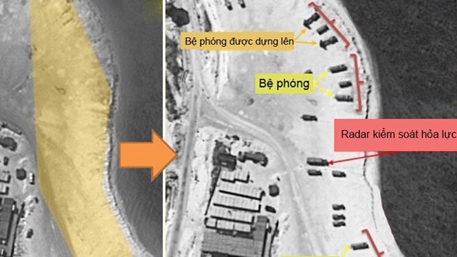 Hình ảnh chụp từ vệ tinh tại Phú Lâm trước và sau khi Trung Quốc triển khai tên lửa - Ảnh: Fox News/Đồ họa: