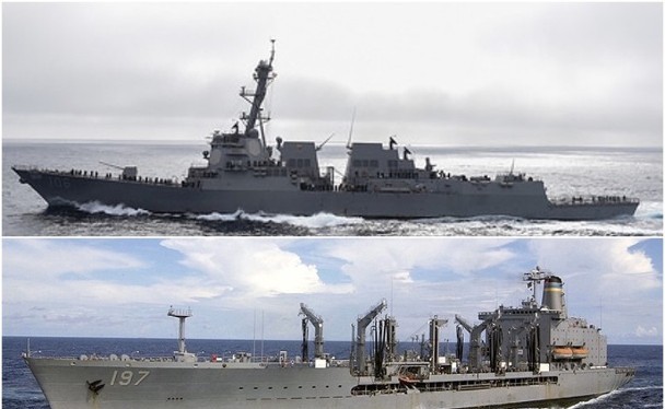 Hai tàu USS Stockdale, DDG-106 (trên) và USNS Pecos, T-AO-197 (dưới) đã đi xuyên eo biển Đài Loan hôm 28.11