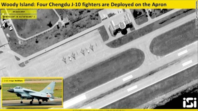 Hình ảnh vệ tinh chụp cho thấy 4 chiếc J-10 đỗ trên đường băng sân bay ở đảo Phú Lâm, Hoàng Sa 