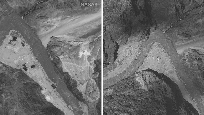 Ảnh vệ tinh chụp diểmđối đầu tại Thung lũng Galwan ngày 28/6 (trái) và ngày 6/7 (phải) cho thấy quân đội hai bên đã rút lui về phía sau, thực hiện cách ly tiếp xúc (Ảnh: AP)