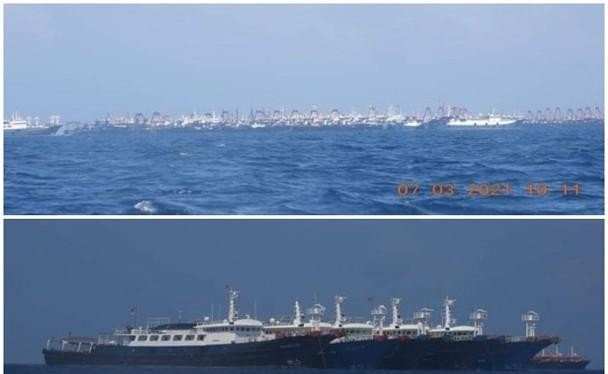 Tàu cá chở dân binh Trung Quốc neo đậu dày đặc ở gần bãi Ba Đầu (Ảnh: Đông Phương).