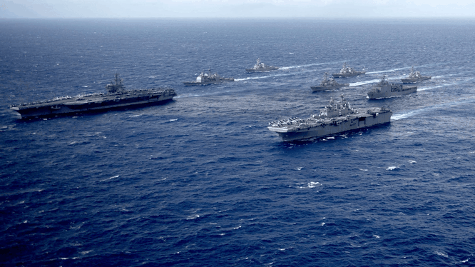 Hai nhóm tác chiến tàu sân bay của Mỹ diễn tập ở Biển Đông tháng 2/2021 (Ảnh: Sohu).