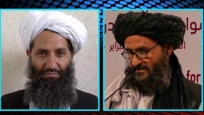 Hai nhà lãnh đạo chủ chốt của chính quyền Taliban trong tương lai: "Lãnh tụ tối cao" Haibatullah Akhundzada (trái) và "Tổng thống" Abdul Ghani Baradar (Ảnh: Đông Phương). 