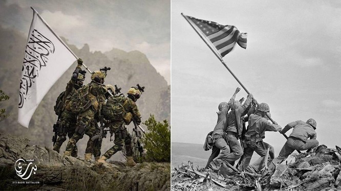 Bức ảnh kinh điển "Cắm cờ trên đảo Iwo Jima" và ảnh nhái (trái) khiến người Mỹ tức giận (Ảnh: Dwnews).