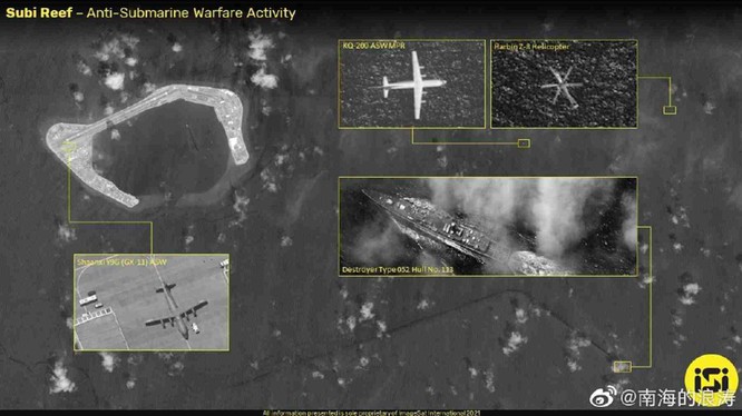 Ảnh vệ tinh của ISI cho thấy các máy bay và tàu chiến Trung Quốc đang hoạt động trên vùng trời và vùng biển gần đá Subi (Ảnh: Dwnews).