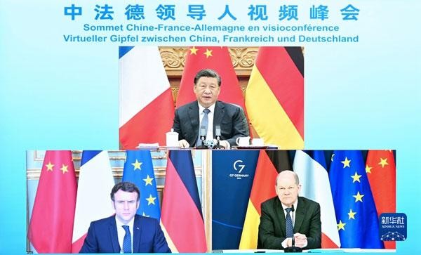 Hôm 8/3, các nhà lãnh đạo Trung Quốc , Pháp và Đức đã có cuộc họp trực tuyến về cuộc khủng hoảng Nga-Ukraine (Ảnh: Xinhua).