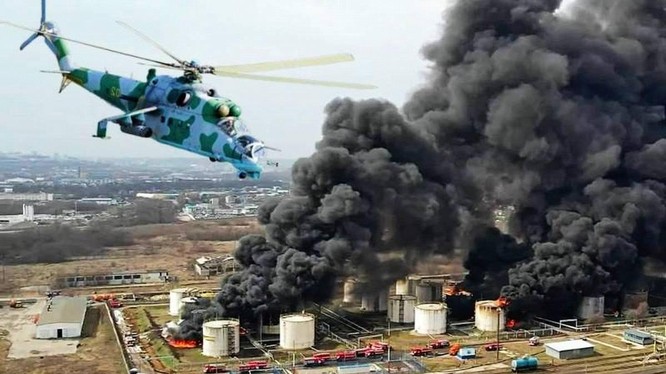 Ngày 1/4, máy bay trực thăng Ukraine vượt biên giới tấn công kho dầu ở Belgorod mở đầu cho hành động đưa chiến tranh sang đất Nga (Ảnh: Sohu).