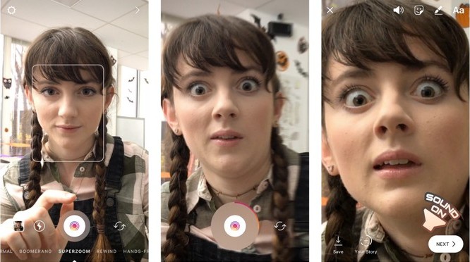 Tính năng quay video, sử dụng hiệu ứng zoom để tạo nét mặt đáng sợ khi người dùng biểu lộ cảm xúc ngạc nhiên.