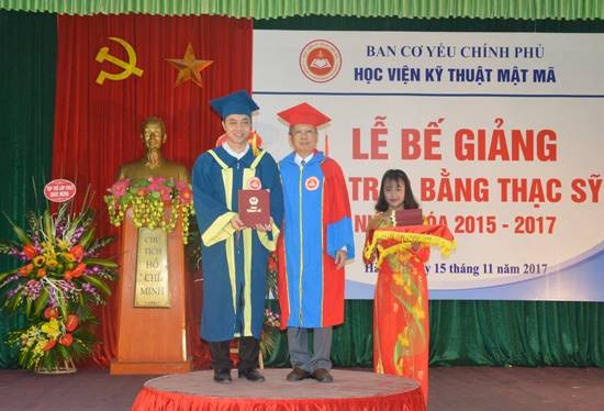 PGS, TS. Nguyễn Hồng Quang - Giám đốc Học viện Kỹ thuật Mật mã trao bằng cho tân Thạc sĩ An toàn thông tin.