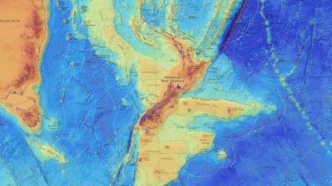 Một bản đồ độ sâu của Zealandia, trong đó nêu chi tiết địa hình nằm sâu dưới đáy biển của lục địa đã mất này. Ảnh: GNS Science