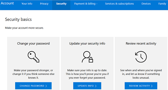 Giao diện thẻ Security trong trang Dashboard tài khoản Microsoft