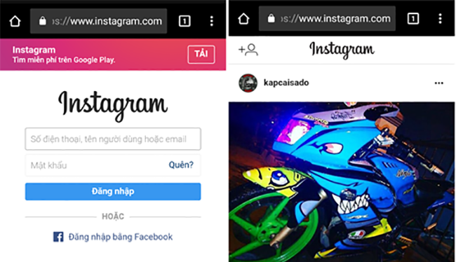 Giao diện đăng nhập và giao diện chính trên phiên bản web của Instagram.