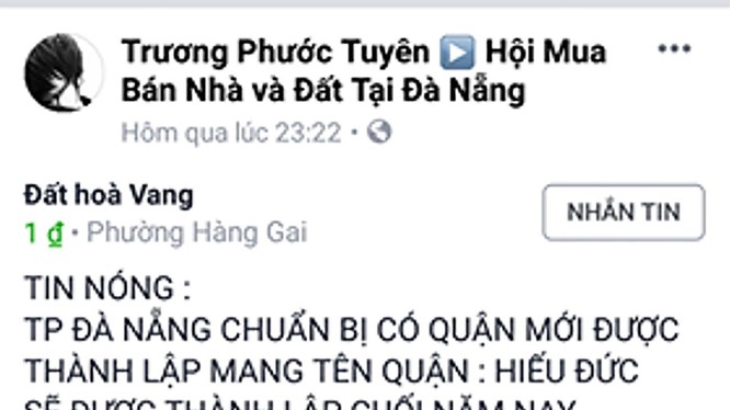 Nội dung tin đồi thất thiệt về việc Đà Nẵng tách huyện Hòa Vang thành 2 đơn vị hành chính đươc đăng trên mạng xã hội (ảnh Tấn Việt)