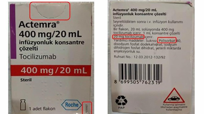 Bao bì sản phẩm thuốc Actemra 400 mg/20 mL nghi ngờ giả xuất hiện trên thị trường (Ảnh Cục Quản lý dược)