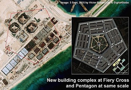 Các công trình trên Đá Chữ Thập ở quần đảo Trường Sa được Trung Quốc xây dựng kiên cố như Lầu Năm Góc của Mỹ