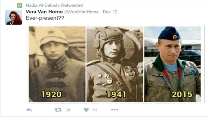 Từ trái sang: Ảnh chụp những người lính Nga năm 1920, 1941 và hình ảnh ông Putin năm 2015 - Ảnh: Twitter