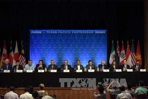 Các Bộ trưởng 12 nước tham gia đàm phán TPP tại cuộc họp báo sau vòng đàm phán ở Maui, Hawaii ngày 31/7. Ảnh: THX/TTXVN
