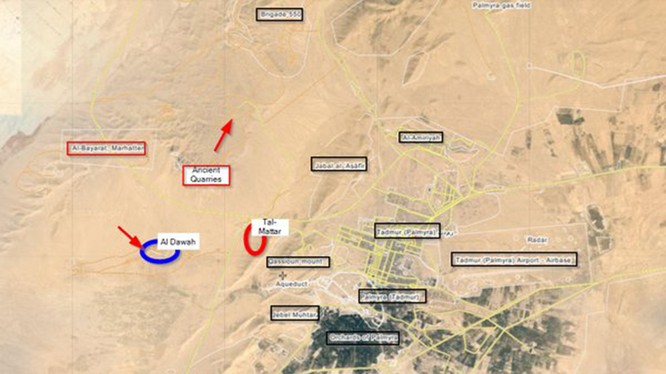 Bản đồ Palmyra trên sa mạc tỉnh Homs, quân đội Syria đánh chiếm Al-Matar