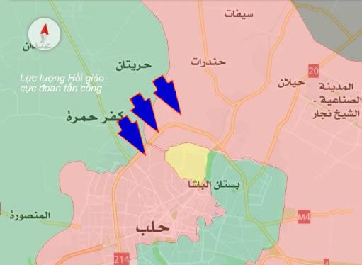 Bản đồ dự kiến khả năng tấn công của lực lượng Hồi giáo cực đoan ở Aleppo