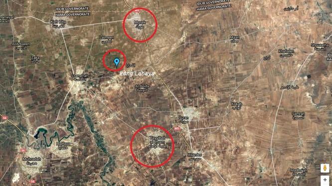 Bản đồ các mục tiêu then chốt trong kế hoạch phản công trên vùng đông bắc tỉnh Hama