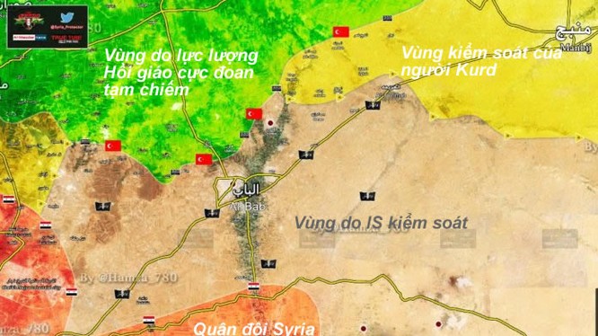 Bản đồ phân vùng lực lượng quanh thành phố Al - Bab phía Bắc Aleppo