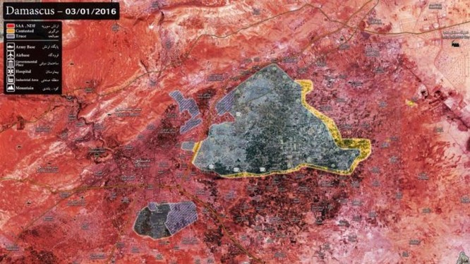 Bàn đồ tình hình Đông Ghouta cho thấy, diện tích kiểm soát của phiến quân đã thu hẹp nhiều kể từ tháng 11.2016