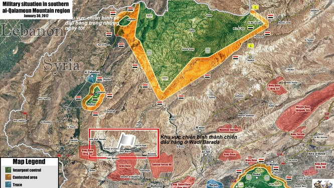 Bản đồ chiến sự vùng ngoại ô Damascus gần biên giới Lebanon, lực lượng chiến binh thánh chiến tiếp tục đầu hàng và giao nộp vũ khí