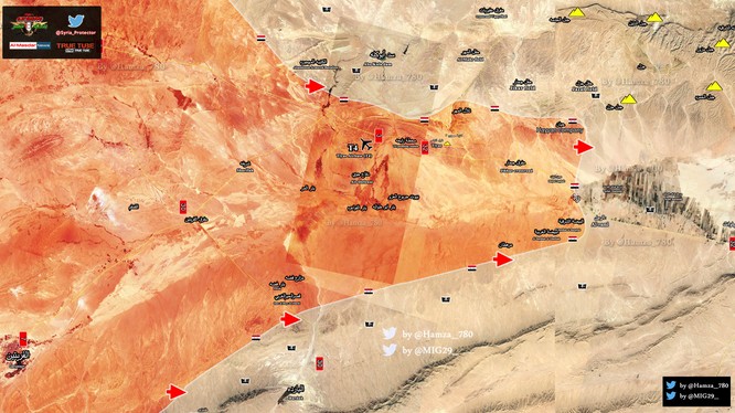 Bản đồ các mũi tiến công của quân đội Syria trên vùng sa mạc Palmyra