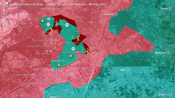Bản đồ chiến sự quận Al-Qaboun, ngoại ô thủ đô Damascus tính đến ngày 09.05.2017