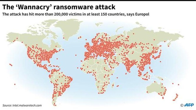 Bản đồ vụ tấn công mạng toàn cầu của phần mềm độc hại WannaCry