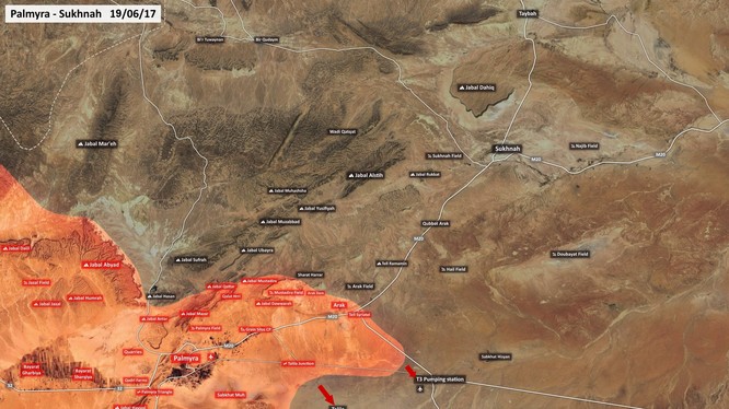 Bản đồ chiến sự phía đông Palmmyra, các đơn vị vũ trang Syria tấn công theo hướng trạm bơm T3 và Talila