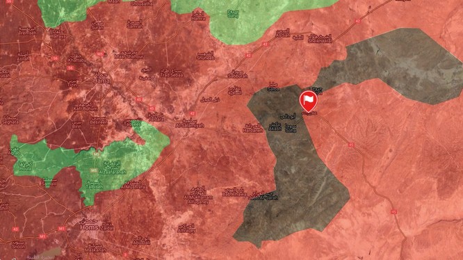 Bản đồ chiến sự khu vực vòng vây thị trấn Uqayribat trên vùng bán sa mạc miền đông Hama. Vị trí cờ là thị trấn Uqayribat - bản đồ Masdar News. 
