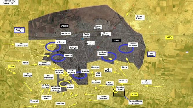 Bản đồ chiến sự Raqqa, vòng tròn xanh là khu vực đang có chiến sự - ảnh truyền thông YPG