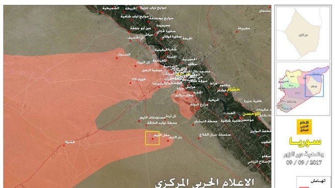 Bản đồ tình hình chiến sự Syria - quân đội Syria đột phá thành công vòng vây sân bay quân sự Deir Ezzor - ảnh truyền thông Hezbollah