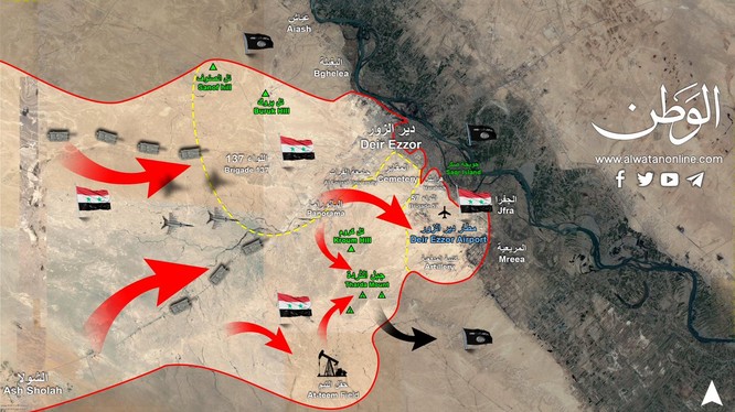 Sơ đồ cuộc tiến công của quân đội Syria trên hướng phía bắc thành phố Deir Ezzor - ảnh Alwatanonline