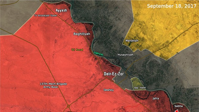 Bản đồ tình hình chiến sự Deir Ezzor, quân đội Syria vượt sông Euphrates - ảnh Masdar News