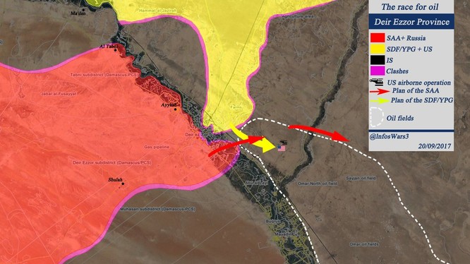 Các mũi tiến công của quân đội Syria và lực lượng SDF được Mỹ hậu thuẫn - ảnh South Front