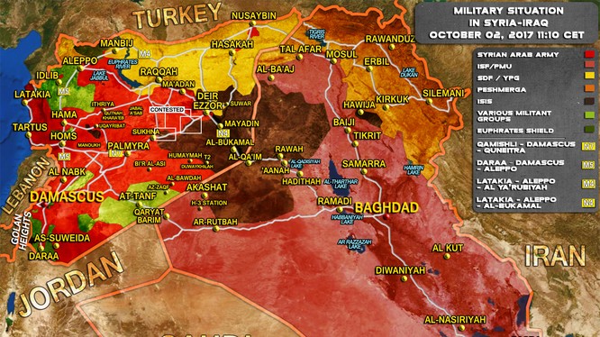 Bản đồ tình hình chiến sự Syria- iraq tính đến ngày 02.10.2017 theo South Front