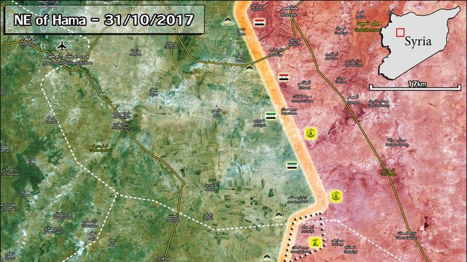 Bản đồ cuộc tấn công của quân đội Syria trên vùng đông bắc tỉnh Hama tính đến ngày 31.10.2017 - ảnh Masdar News