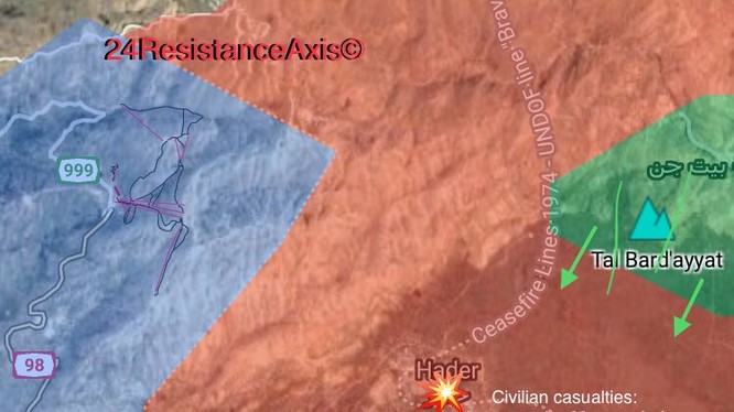 Bản đồ cuộc tấn công của phiến quân khủng bố vào trên Cao nguyên Golan - ảnh South Front