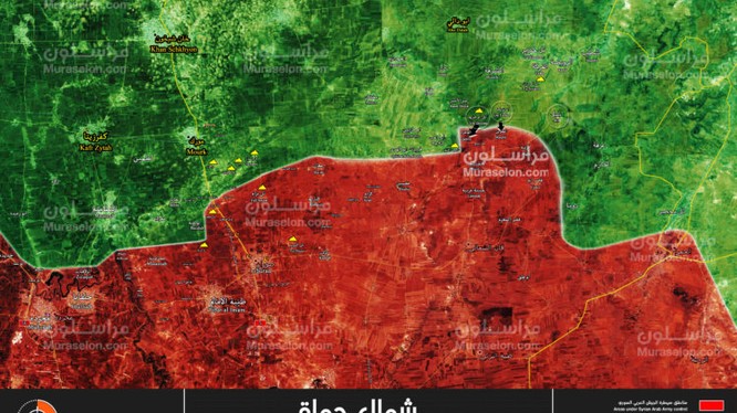 Bản đồ tình hình chiến sự vùng nông thôn miền bắc Hama, phiến quân đánh chiếm 2 khu dân cư của quân đội Syria - ảnh Muraselon