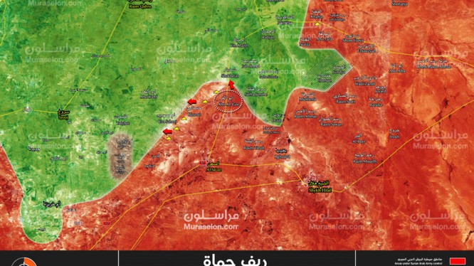 Bản đồ tình hình chiến sự miền bắc tỉnh Hama, giáp giới tỉnh Idlib, quân đội Syria giải phóng Abu Al-Ghir, Hasnawi - ảnh Muraselon