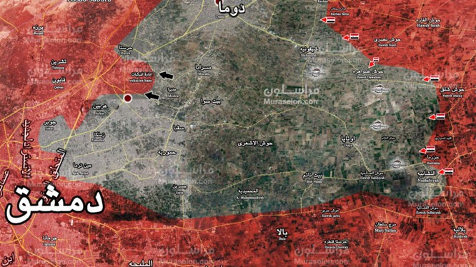 Bản đồ tình hình chiến sự vùng Đông Ghouta - ảnh Muraselon