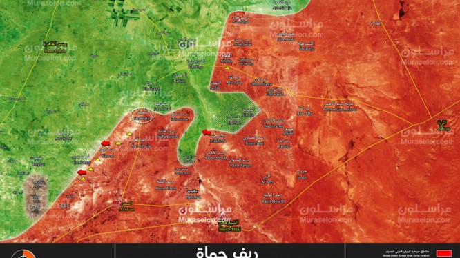 Bản đồ chiến sự miền bắc Hama, khu vòng tròn là thị trấn Shukhaiter - ảnh Muraselon