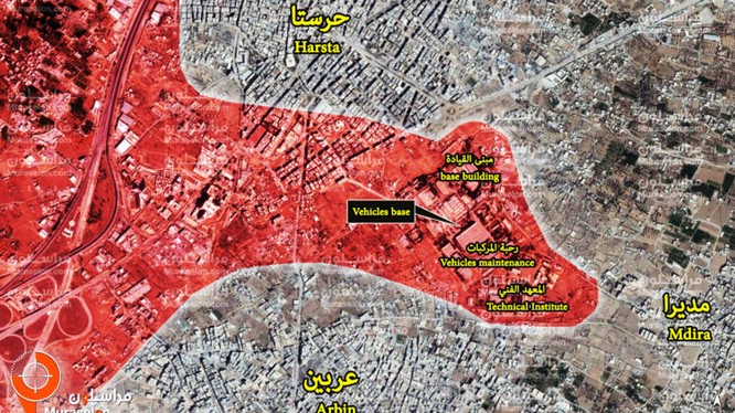 Bản đồ vệ tinh căn cứ thiết giáp ở Harasta sau khi giải phóng - ảnh Muraselon