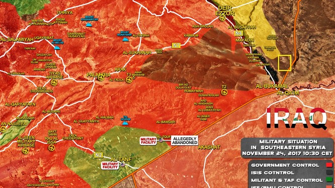 Bản đồ tình hình chiến sự Syria tính đến ngày 25.11.2017, ô vuông là khu vực SDF chiếm đóng - ảnh South Front