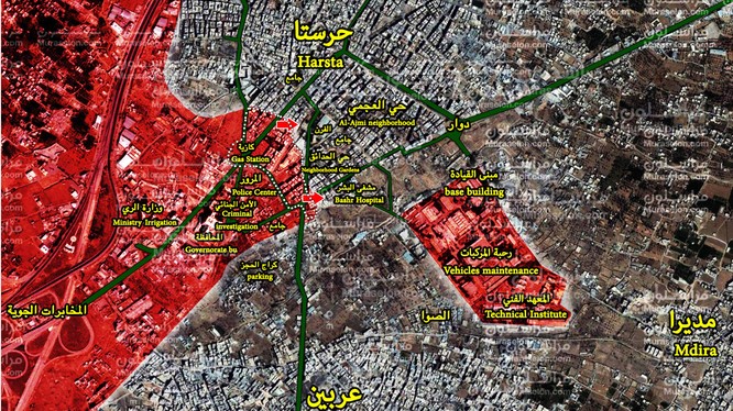 Bản đồ tình hình chiến sự Harasta, Đông Ghouta - ảnh Muraselon