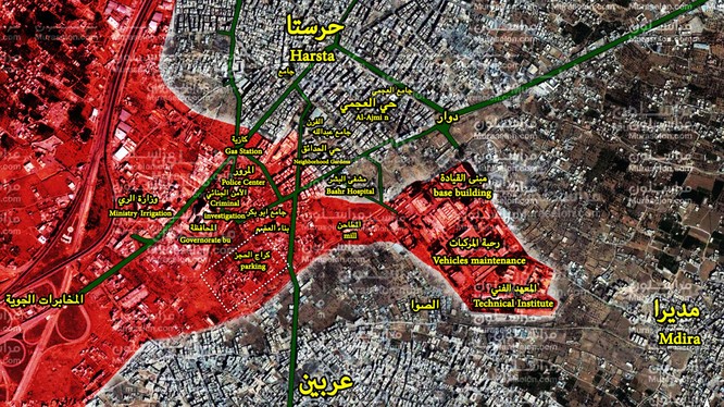 Bản đồ tình hình chiến sự khu vực Harasta, Đông Ghouta - ảnh Muraselon